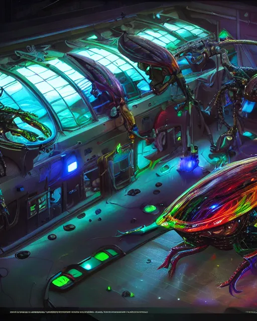 Image similar to detailed photo of rainbow stag beetle shaped alien vehicle, laboratory, mechanical, 8 k, by daniel mcgarry, xiaolong wang, trending on artstation, hyper detailed, beautiful lighting, epic environment