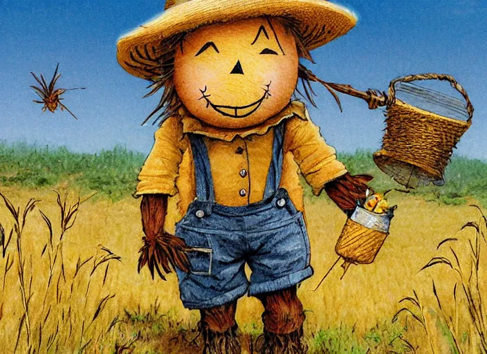 Prompt: a cute short scarecrow with a straw hat in overalls walking on a dirt road next to a large corn field, children's book by tom lovell, ross tran, terry redlin, jean baptiste monge, beatrix potter