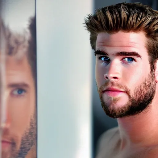 Image similar to a realistic detailed photo of a guy who is an attractive humanoid who is half robot and half humanoid, who is a male android, actor liam hemsworth, shiny skin, posing like a statue, blank stare, by the pool, on display