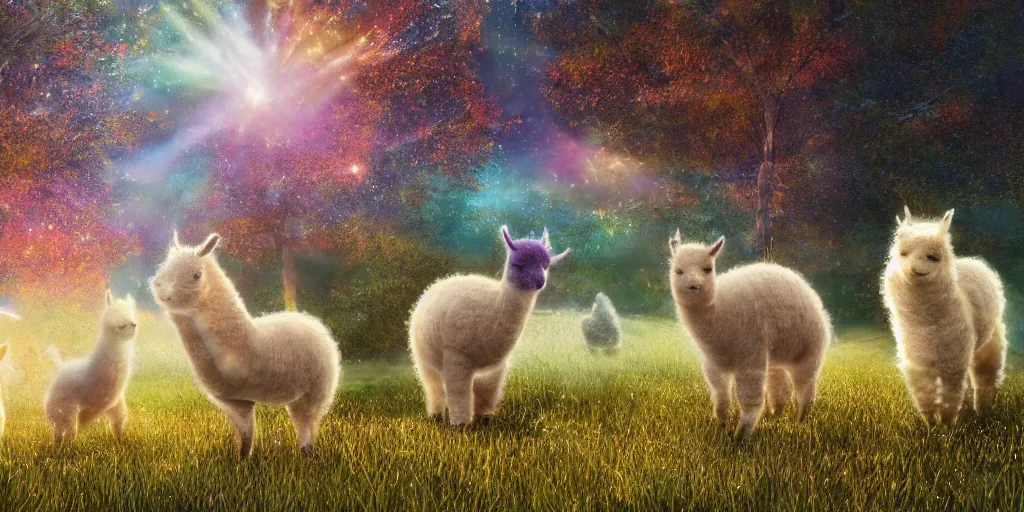 Prompt: magical fairy alpacas frolicking in a field, autumn, sparkles, light beams, photorealistic, hyperrealistic, 8 k, trending on artstation