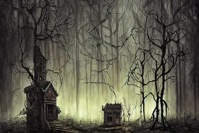 Image similar to mad horror painting of a futuristic alien witch house from another dimension in the woods by ben templesmith