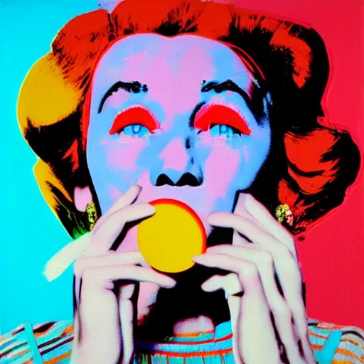 Image similar to An Andy Warhol style painting of Pippi Longstocking picking her nose.