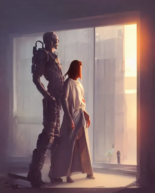 Image similar to a man and a woman standing in front of a window, concept art by david schleinkofer and by stanley artgerm and by ash thorp, cgsociety, space art, concept art, redshift, sci - fi