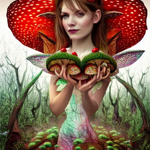 Prompt: a very cute faerie queen in a amanatia muscaria mushroom field, photorealistic digital art, hyper detailed