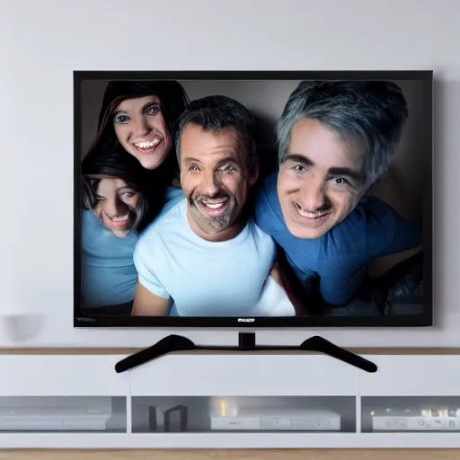Image similar to TV playing static while grinning, 4k realistic photo