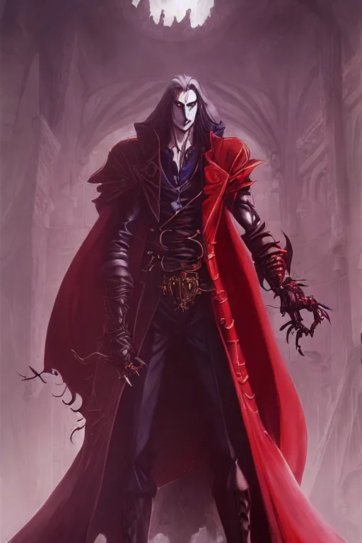 Image similar to alucard standing alone, castlevania, by stanley artgerm lau, wlop, rossdraws, james jean, andrei riabovitchev, marc simonetti, and sakimi chan, trending on artstation