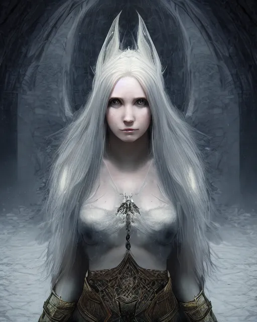 Image similar to portrait of a beautiful female elf with shimmering hair, symmetrical face and eyes, cgsociety, Elden Ring, Dark Souls, Bloodborne