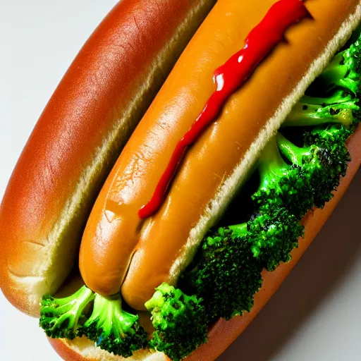 Image similar to photo shoot portrait of a delicious hot dog with broccoli and sardines, mustard, ketchup, detailed, uhd, 8k,