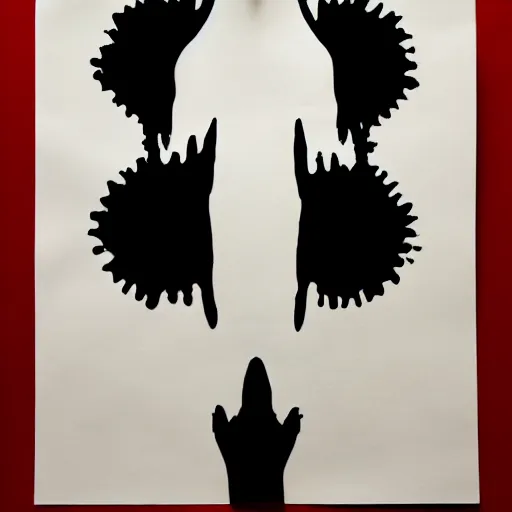 Prompt: one big inkblot on the paper, rorschach test, symmetrical, slightly styled to Wes Anderson