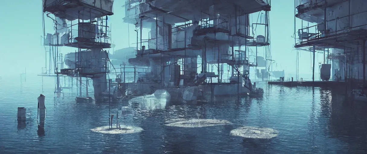 Prompt: the dripping paint monster washing their laundry in the bay by beeple , cinematic atmosphere, establishing shot