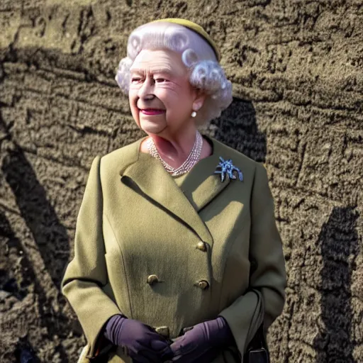 Prompt: Queen Elizabeth II holding a gun while in WWII trenches, highly detailed, high quality, HD, 4k, 8k, Canon 300mm, professional photographer, 40mp, lifelike, top-rated, award winning, realistic, sharp, no blur, edited, corrected, trending