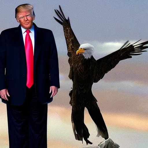 Image similar to Donald Trump holds a machine gun with an eagle on his shoulder, hd, dramatic, patriotic