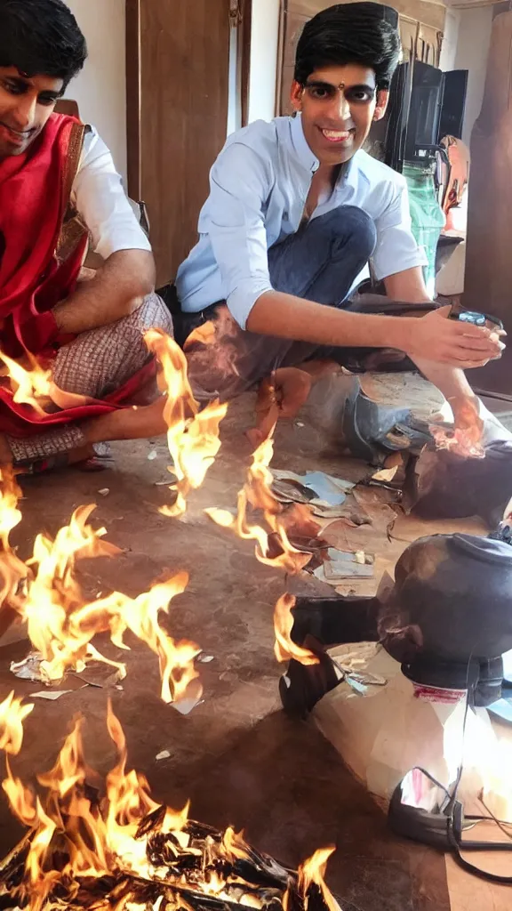 Prompt: rishi sunak burning money in his lavish house