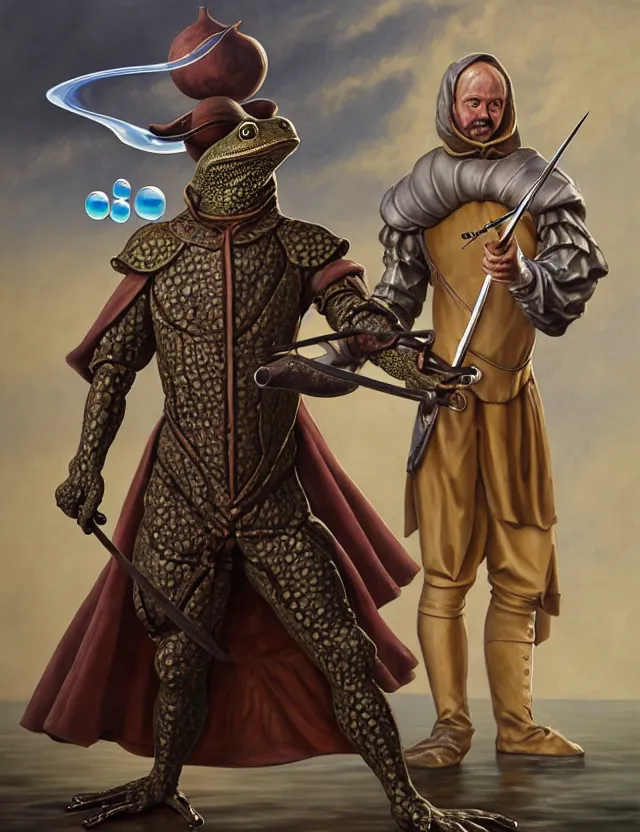 Image similar to anthropomorphic bipedal frog that is dressed as a renaissance fighter, and holding a zweihander, as a matte oil painting and d & d character art, by alex grey, standing, fullbody, floating bubbles, mystic, fog, fractals, spirals, concept art, award - winning, extremely detailed, sharp focus