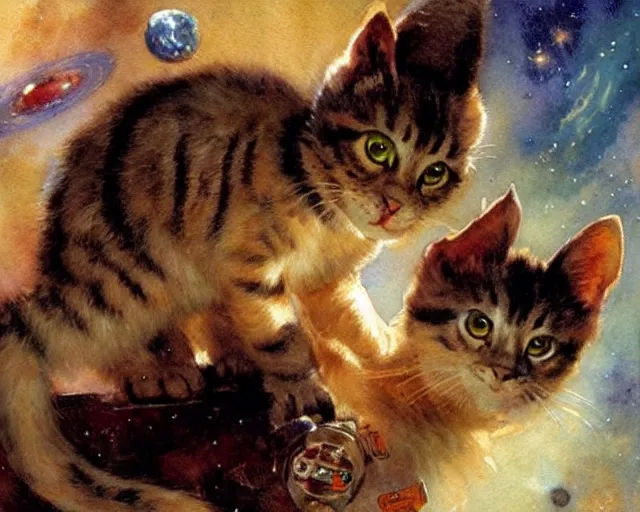 Image similar to cute space kittens, watercolor painting by gaston bussiere, craig mullins, j. c. leyendecker