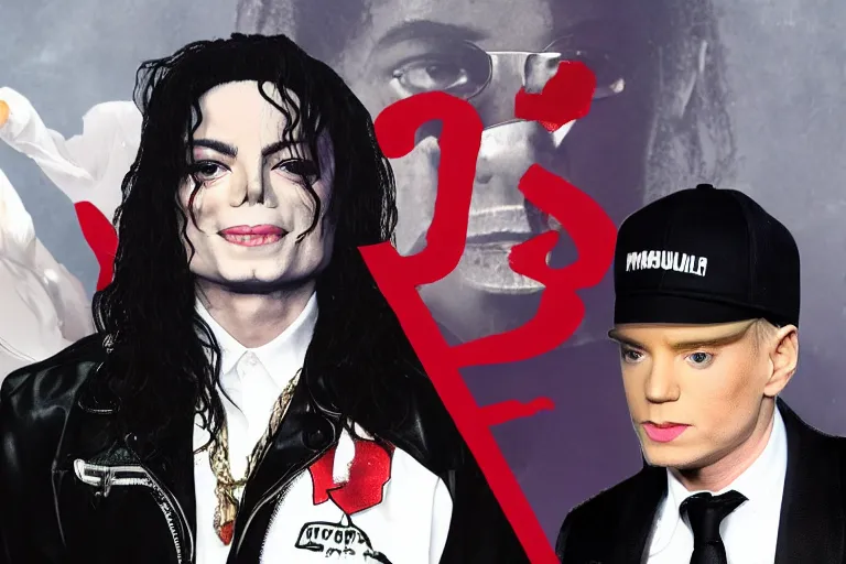 Image similar to michael jackson collabs with eminem to make an epic rap song, coloured background, close up, photorealistic, 8 k