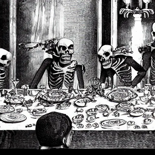 Image similar to a bloody skeleton man is eating a plate of rats at a banquet inside a Victorian castle super detailed uhd ultra realism 35mm