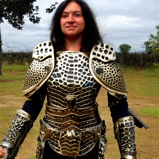 Prompt: photo of a female warrior with jaguar armour