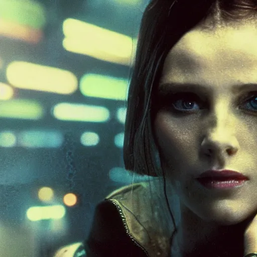 Image similar to close up portrait of rachael tyrell from blade runner at tyrell headquarters photographed by annie leibovitz, cyberpunk, colorful!, nighttime!, raining!