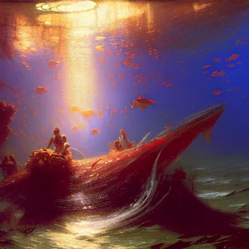 Image similar to point of view of deep in the ocean looking up, you see fishes, higher up you see very clearly the milk way illuminating the sea down bellow. highly detailed painting by gaston bussiere, greg rutkowski 8 k