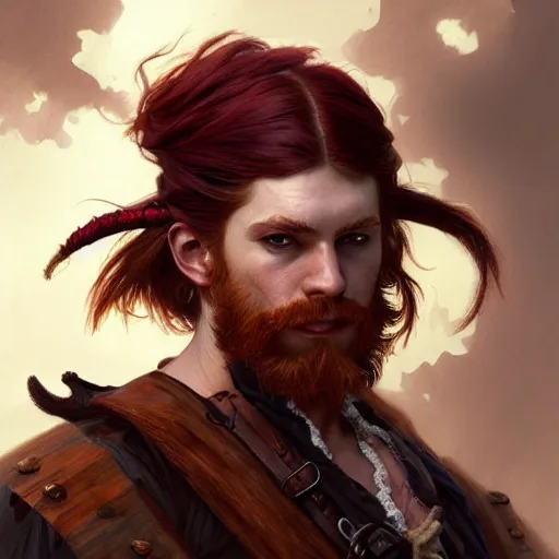 Image similar to portrait of a young rugged pirate, upper body, red hair, long hair, D&D, fantasy, intricate, elegant, highly detailed, digital painting, artstation, concept art, matte, sharp focus, illustration, art by Artgerm and Greg Rutkowski and Alphonse Mucha