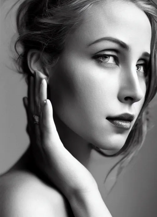 Image similar to portrait of beautiful female ryan gosling by mario testino, headshot, detailed, award winning, sony a 7 r