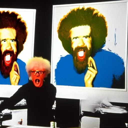 Prompt: bob ross screaming at andy warhol