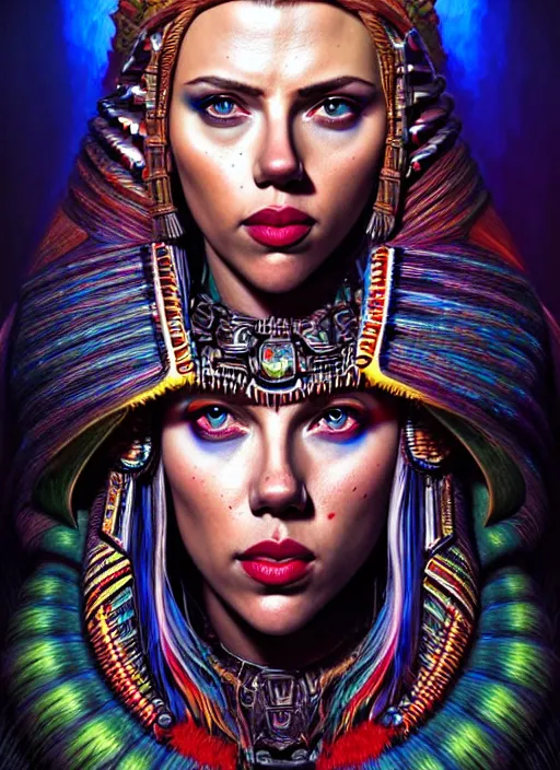 Prompt: portrait of scarlett johansson, hyper detailed ultra sharp aztec shaman warrior. trending on artstation, warpaint aesthetic, bloodwave, colorful, psychedelic, ornate, intricate, digital painting, concept art, smooth, sharp focus, illustration, art by artgerm and greg rutkowski and h. r. giger, 8 k