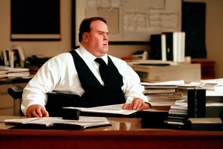 Prompt: cinematic still of portly clean-shaven white man wearing suit and necktie at his desk in his office in 1994 film, XF IQ4, f/1.4, ISO 200, 1/160s, 8K, RAW, dramatic lighting, symmetrical balance, in-frame