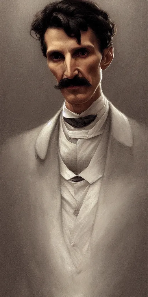 Prompt: portrait of nikola tesla, intricate, elegant, highly detailed, digital painting, artstation, concept art, smooth, sharp focus, illustration, art by artgerm and greg rutkowski and alphonse mucha and william - adolphe bouguereau