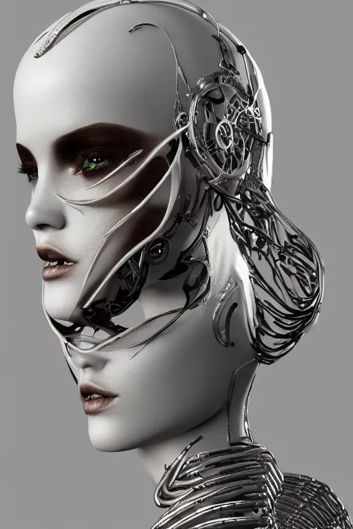 Image similar to white cyborg fashion shot, copper spiral decorations, white elegant baroque design, smooth heads, headshot half figure, photorealistic, 8k, hyper detailed, unreal engine, trending on artstation,