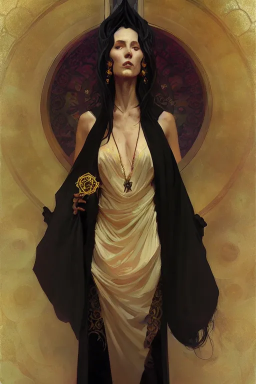 Prompt: Portrait of a Holy Necromancer, female, golden robes, black accessories, digital painting, illustration, fantasy, by by Krenz Cushart and Artem Demura and alphonse mucha