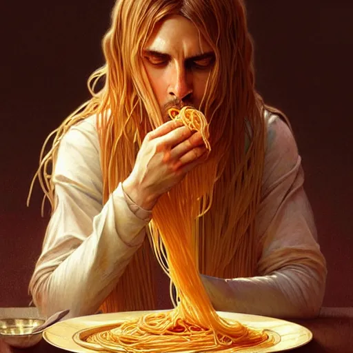 Image similar to Messi eating spaghetti, upclose, D&D, fantasy, intricate, elegant, highly detailed, digital painting, artstation, concept art, matte, sharp focus, illustration, art by Artgerm and Greg Rutkowski and Alphonse Mucha