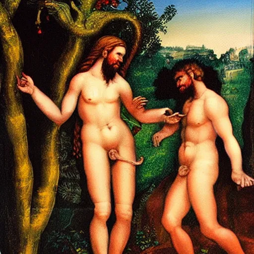 Image similar to Painting of Adam and Eve in the (Garden of Eden). Colorful.