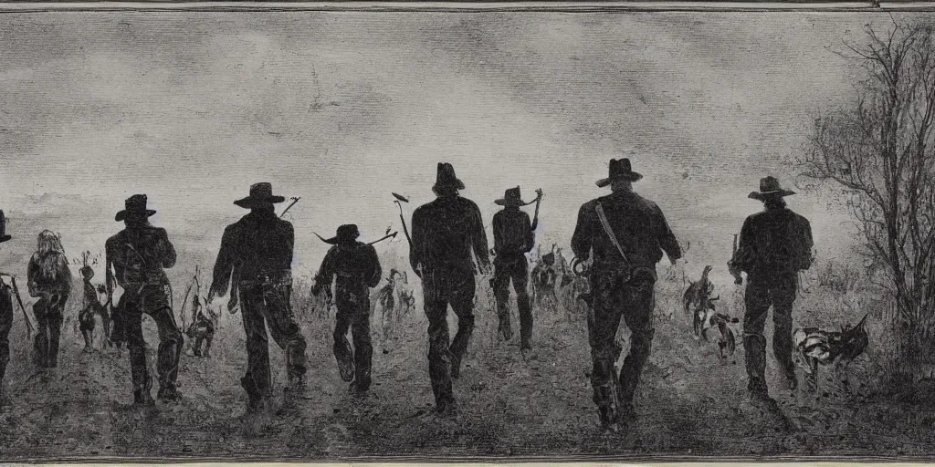 Prompt: a band of outlaws seen from the back walking toward a flaming mansion at night, in the deep south