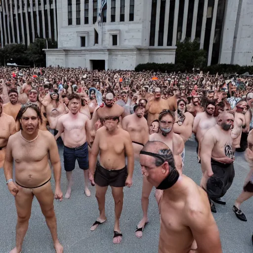 Prompt: 4 k a gigantic army of shirtless elon musks surrounding the federal reserve building during a protest among shirtless elon musks with torch lighting at dusk