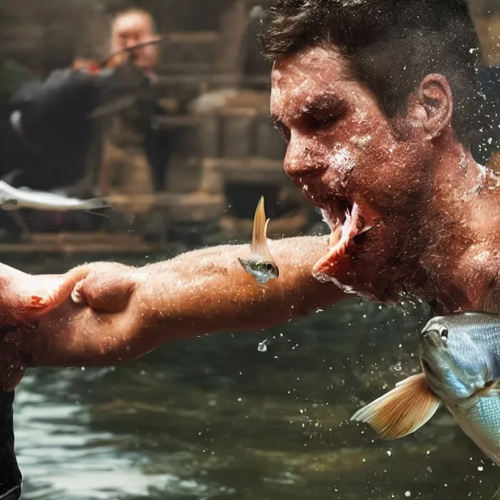 Image similar to a fish punching a man in the face, realistic, movie still, 8 k,