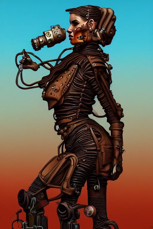 Image similar to sideview fullbody portrait of a steampunk desert empress. by vincent di fate, james jean, dom qwek. inspired by igor goryunov andrei riabovitchev. madmax aesthetics. atmospherical, photorealistic retrofuturist concept art, trending on art station, cinematic, ultra detailed