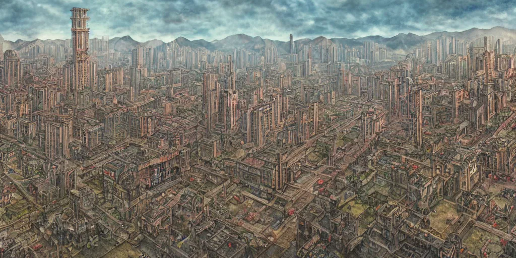 Image similar to a beautiful ultra detailed kowloon city castle concept art landscape, ultra detailed painting of brutalist citadel, urban anthill bursting with babel energy, by Edmund Dulac, BioWare and Frida Kahlo and Sir John Tenniel, and Raphael Lacoste, moebius, concept art wallpaper 4k, trending on artstation, concept art, cinematic, unreal engine, trending on behance