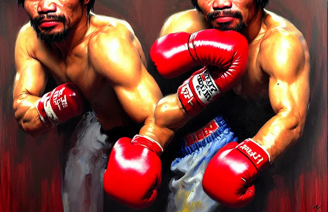 Image similar to portrait of manny pacquiao with red boxing gloves!!!!!!!!!!!!!!!!!!!!!!!!!!!, detailed face, detailed painting, epic lighting, by ilya repin, phil hale and kent williams