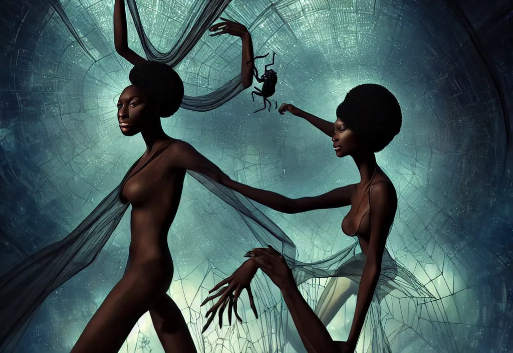 Image similar to realistic detailed portrait movie shot of a single beautiful black woman in a transparent sheer fabric dress dancing with a giant spider, futuristic sci fi landscape background by denis villeneuve, monia merlo, yves tanguy, ernst haeckel, alphonse mucha, max ernst, caravaggio, roger dean, sci fi necklace, masterpiece, dreamy, rich moody colours