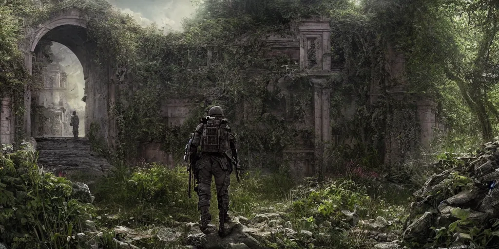 Prompt: edge of tomorrow soldier with deadspace backpack lights wanders through a beautiful overgrown ancient fort. by gustave dore. back glass painting, carnation, encaustic painting, b - roll, establishing shot, dappled light, crime scene photography, 8 k, vray, unreal engine, blender cycles, colorful