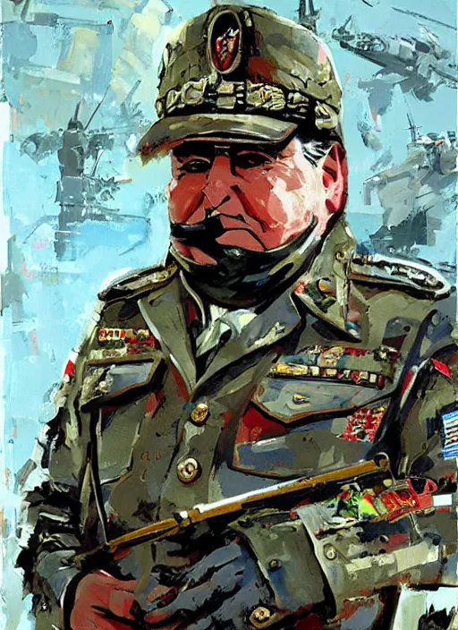 Prompt: pinochet as a cyborg wearing military clothes illustrations by john berkey