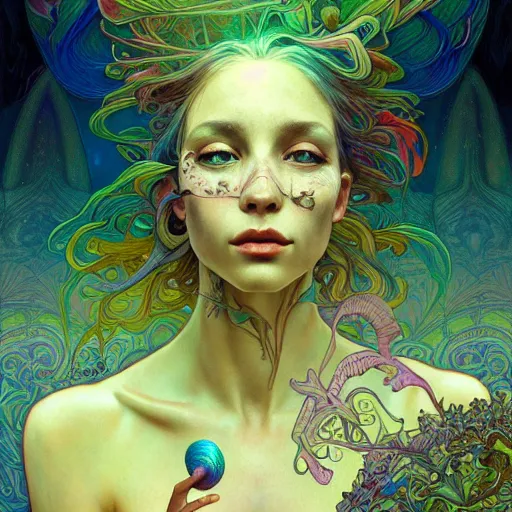 Image similar to An extremely psychedelic experience, reality bending, colorful, surreal, magic mushrooms, psilocybin, LSD, face, detailed, intricate, elegant, highly detailed, digital painting, artstation, concept art, smooth, sharp focus, illustration, art by Krenz Cushart and Artem Demura and alphonse mucha