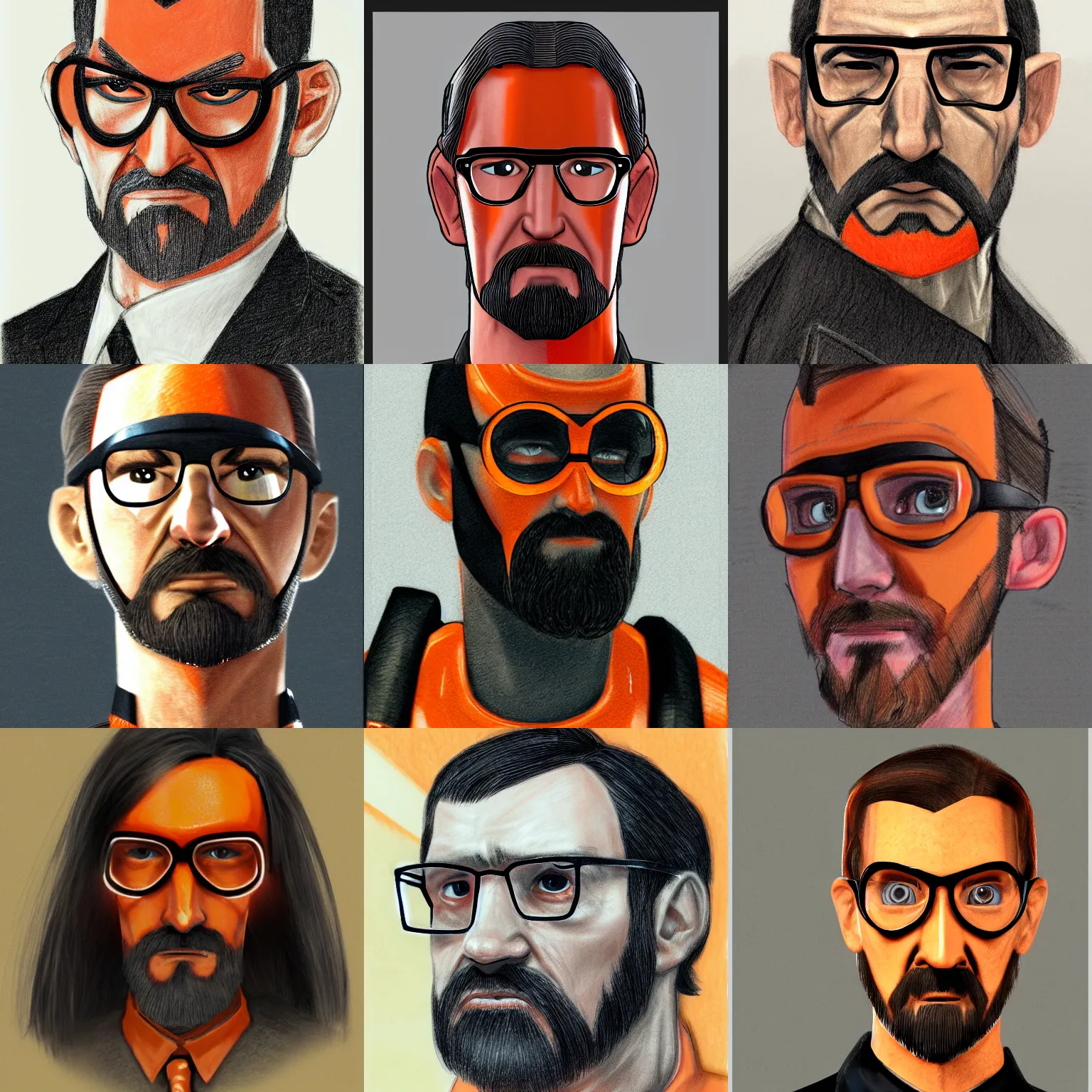 Prompt: gordon freeman in his orange h. e. v suit, with long black hair, with bangs on his left side, with 2 hair clips on his right side, portrait drawing