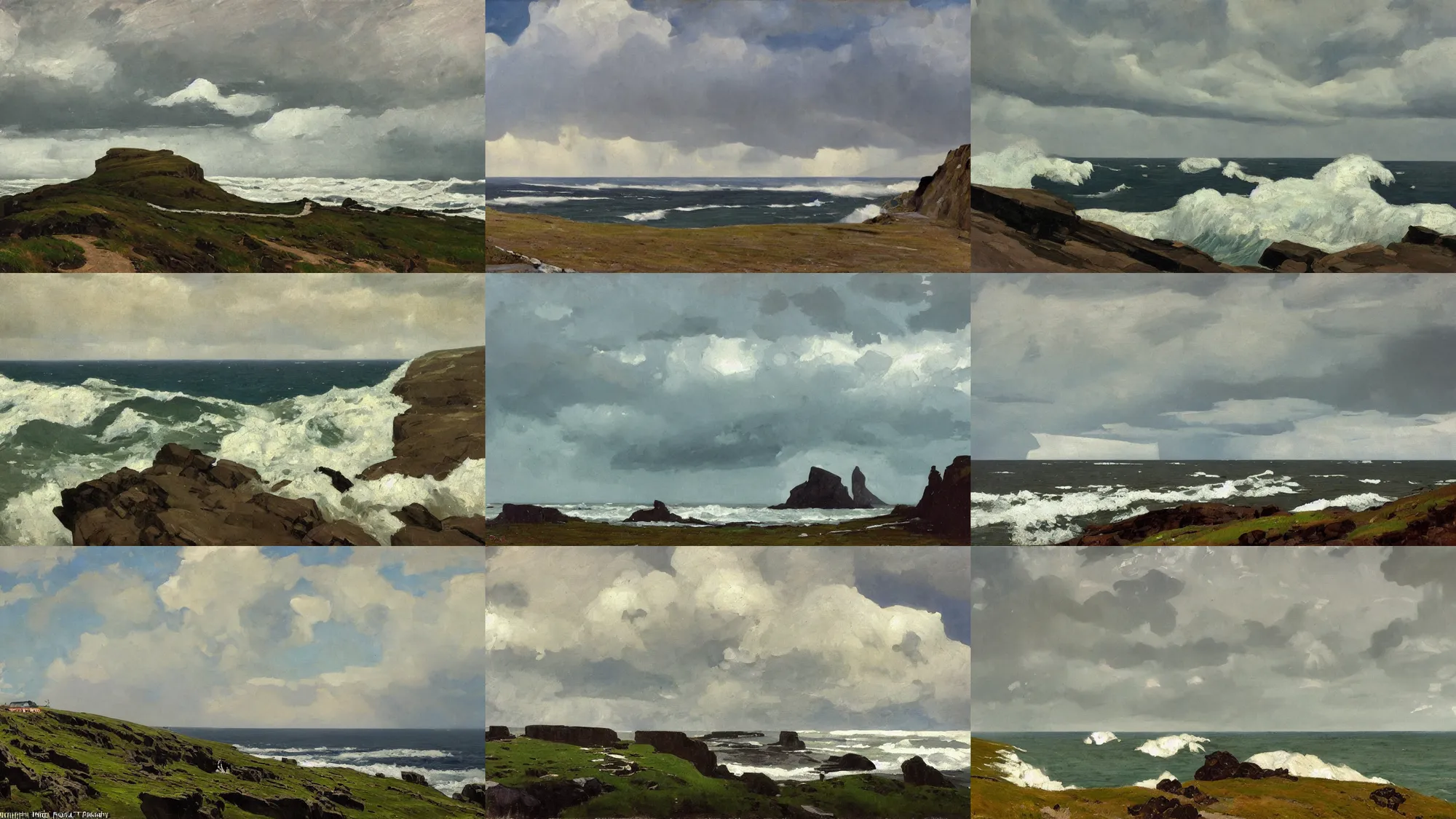 Prompt: painting in the style of Isaac Levitan, Savrasov, Arkhip Kuindzhi and Frederick Judd Waugh, T Allen Lawson and Ian Fisher and Sidney Richard Percy, sea storm and big waves under high cliffs, coast, strong wind, faroe, road to the sea, low clouds after rain, wet grass and black stones, dream heavenly cloudy sky, horzon, hurricane stromy clouds, small village at sunset sunrise, volumetric lighting, very beautiful scenery, pastel colors, ultra view angle view