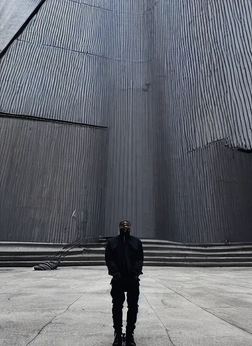 Image similar to Kanye West standing in front of the building of Huta Katowice, iPhone photo