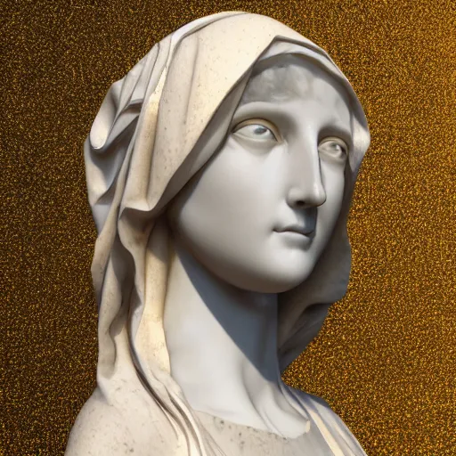 Image similar to a marble sculpture of the veiled virgin , !face, !female, covered in intricate !detailed golden streaked !!sheer !!!!!veil , physically based rendering, photo realistic, top light , dark background