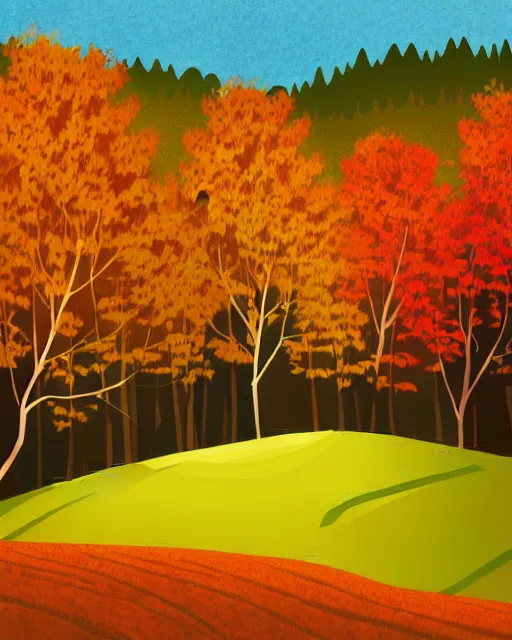 Image similar to autumn hillside boy hiking illustration fine texture, dynamic composition, detailed, matte print, dynamic perspective