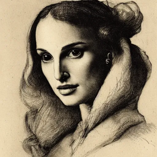 Prompt: portrait of natalie portman in engraving by durer